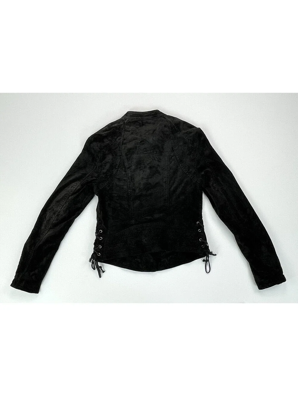 FREE PEOPLE Black Lacey Velvet Moto Jacket Lace Up Sleeve Corset Biker XS